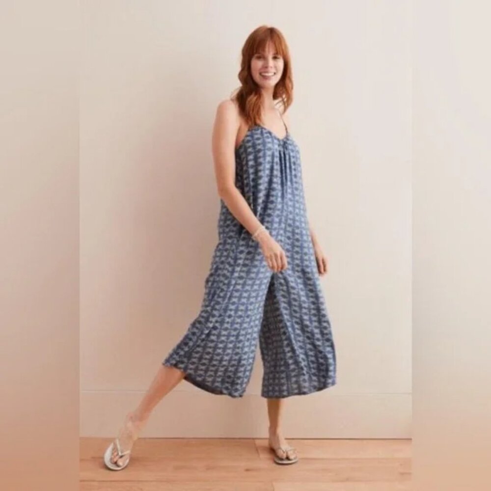 Aerie Blue White Charming Butterfly Print Wide Leg Casual Jumpsuit